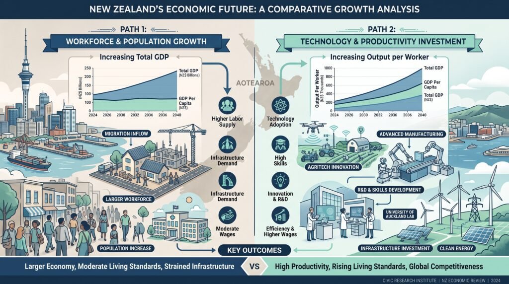 Illustration comparing New Zealand economic growth driven by a larger workforce with growth driven by productivity, technology, skills and investment.