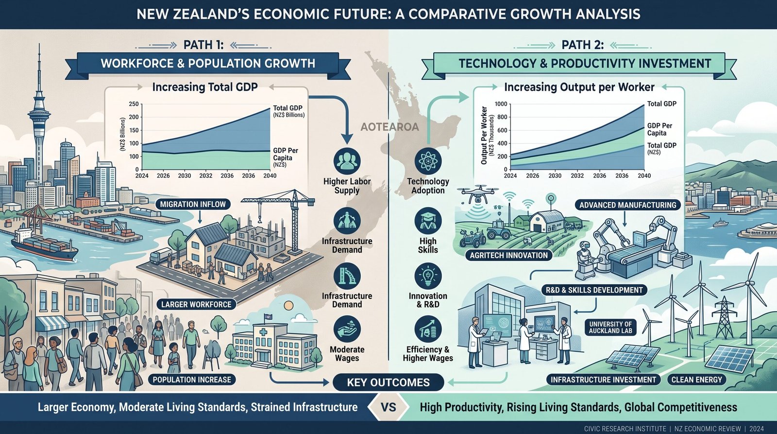 Illustration comparing New Zealand economic growth driven by a larger workforce with growth driven by productivity, technology, skills and investment.