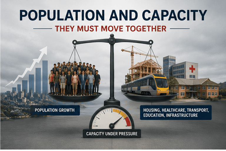 Population growth balanced against housing, healthcare, transport, education and infrastructure capacity in New Zealand.