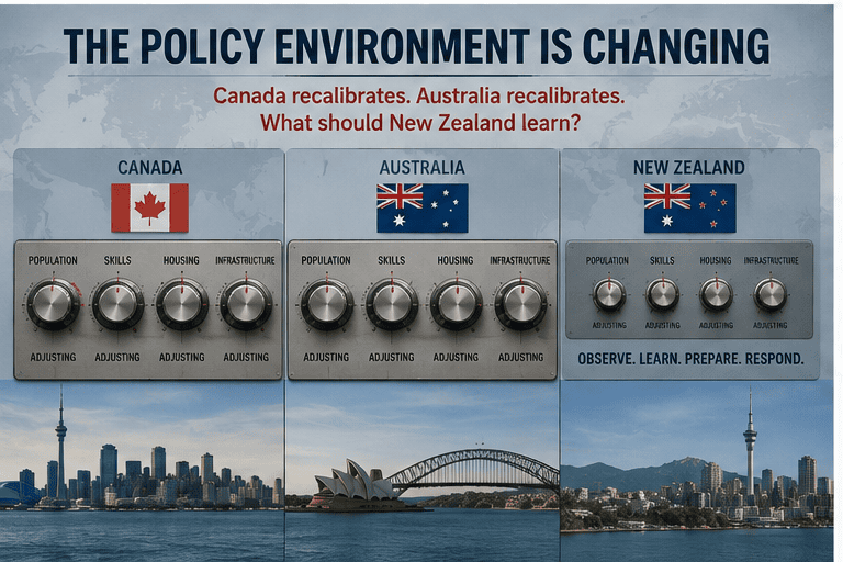 Canada, Australia and New Zealand comparing policy settings for population, skills, housing and infrastructure.