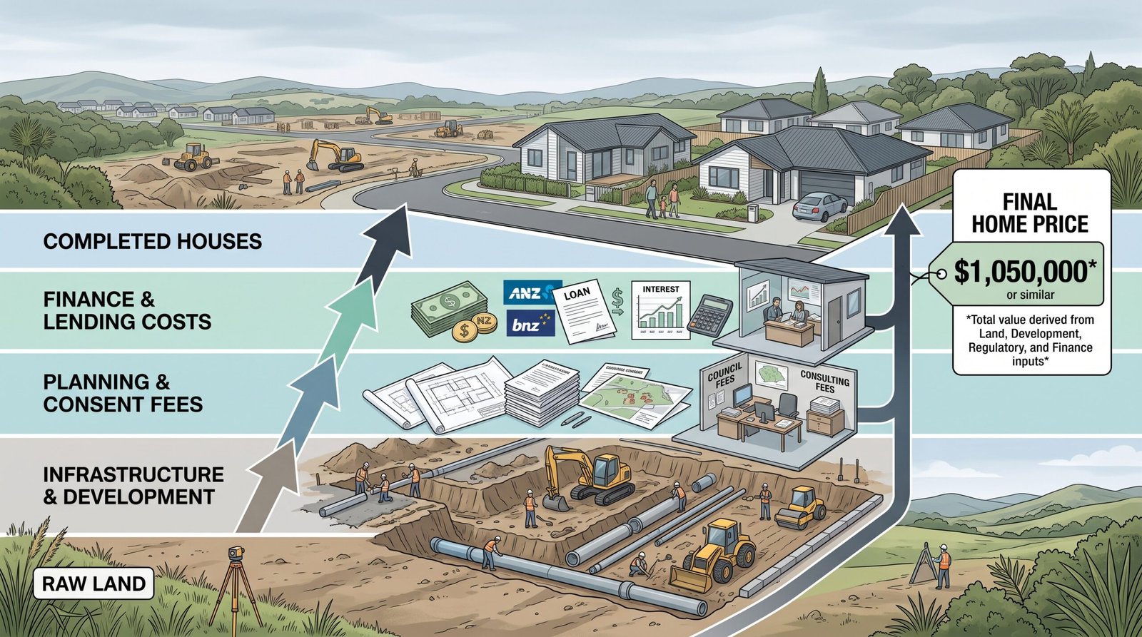 Illustration showing how land, infrastructure, planning, finance and development costs contribute to New Zealand housing costs.