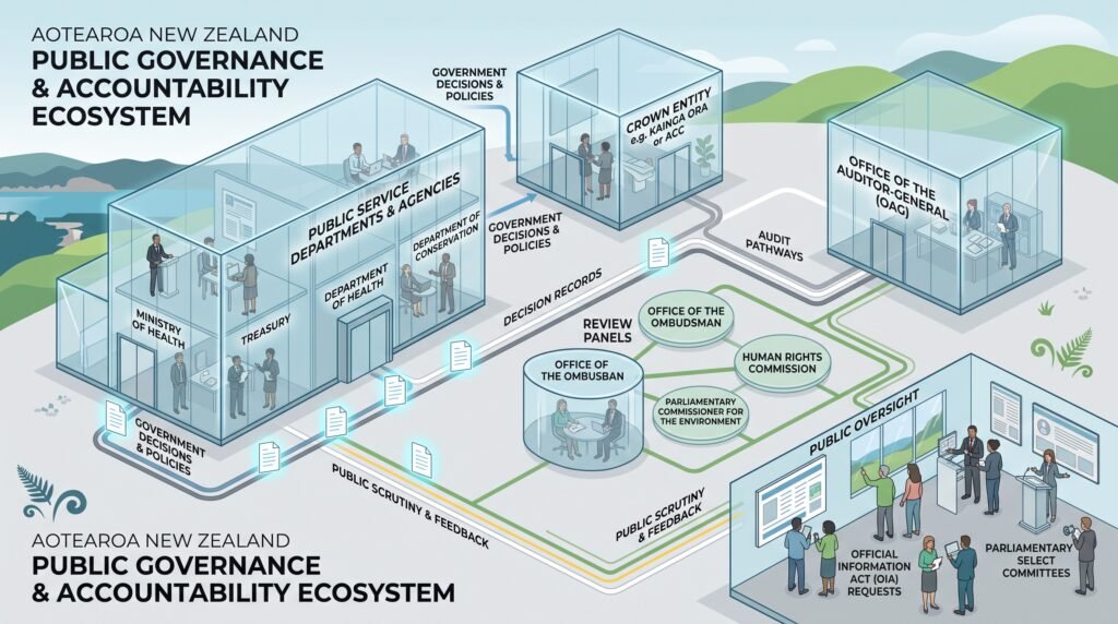 Illustration of New Zealand governance reform showing transparent public institutions, audit pathways, oversight, public records and accountability mechanisms.