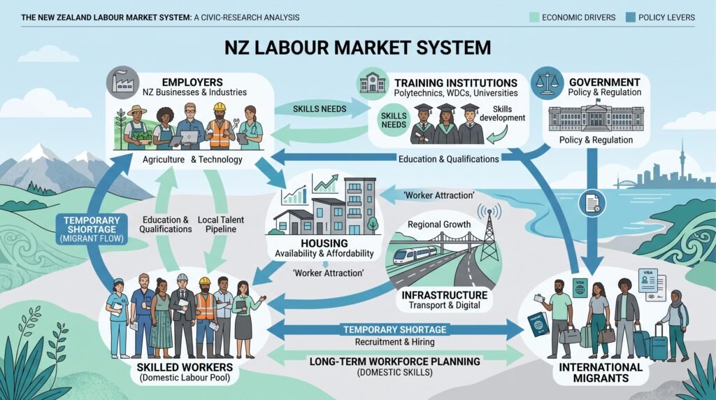 Illustration of the New Zealand labour market connecting employers, training institutions, housing, infrastructure, government policy, domestic workers and international migrants.