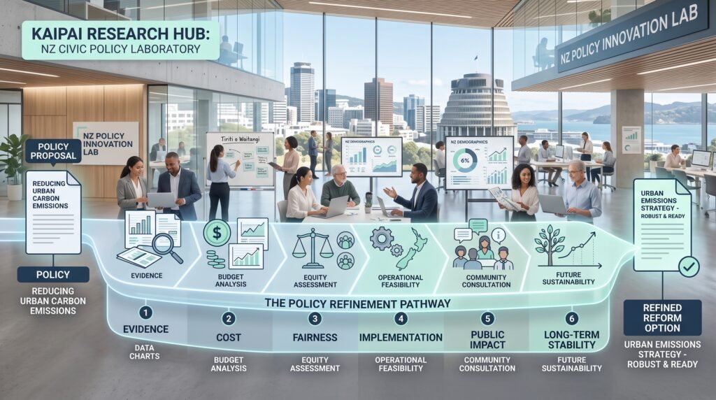 Illustration of a policy proposal moving through evidence, cost, fairness, implementation, public impact and long-term stability tests before becoming a reform option.