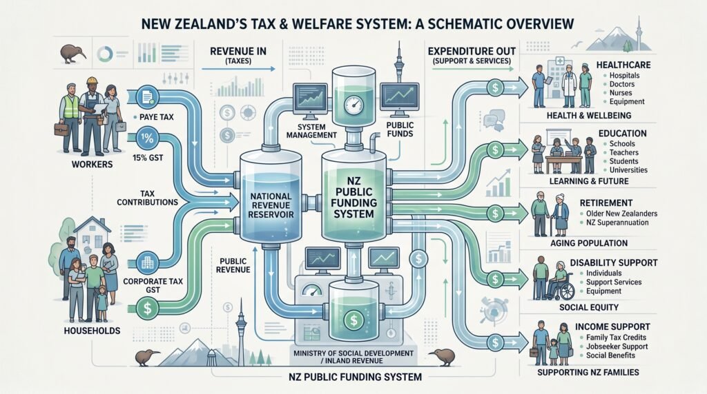 Illustration of New Zealand tax and welfare flows connecting households, workers, public revenue, healthcare, education, retirement and income support.