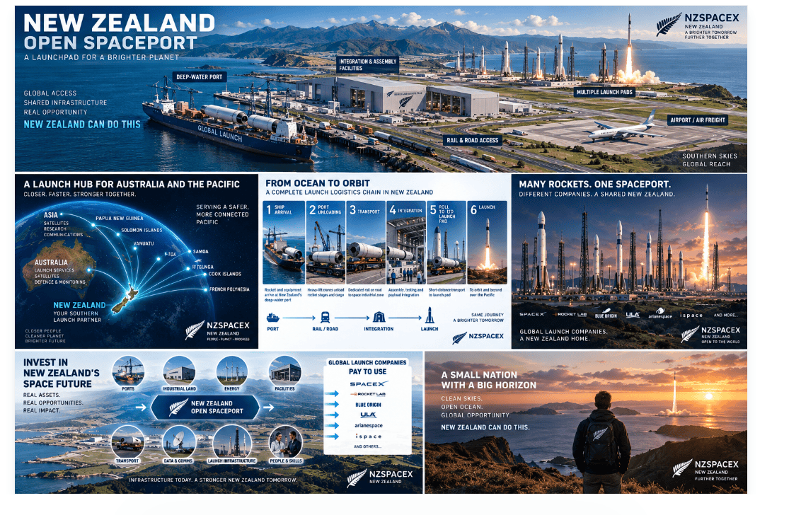New Zealand space future with rocket launch over the Pacific at sunset